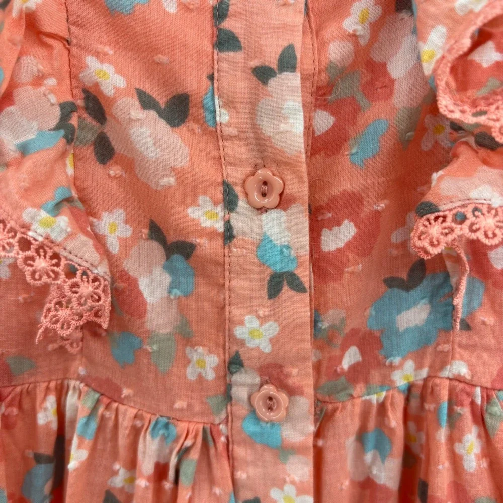 btween Girls Peach Floral Swiss Dot Ruffle Button Front‎ Tiered Dress Size 5
